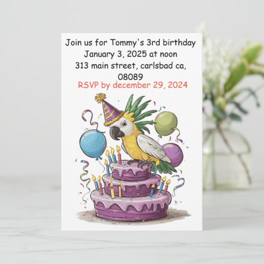 Invitation cacatoès perché sur des ballons de gâteau d'annive (Debout devant)