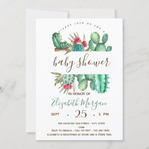 Invitation Cactus à l'aquarelle et pois pour Baby Shower