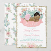 Invitation Cactus African American Girl Baby shower (Devant / Derrière)