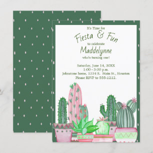 Invitation Cactus Anniversaire vert et rose