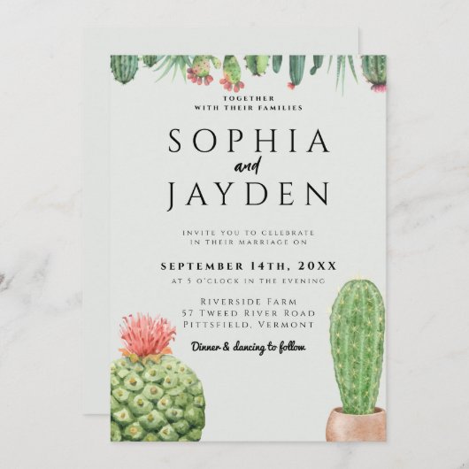 Invitation Cactus Aquarelle Sage Garden Mariage vert du déser (Devant / Derrière)