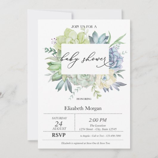 Invitation Cactus aquarelle Succulentes Points Baby Shower (Devant)