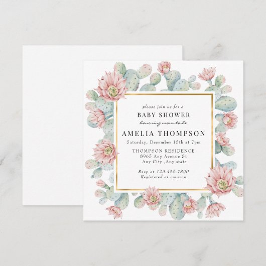 Invitation Cactus | Baby shower rustique Boho (Devant / Derrière)