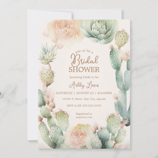 Invitation Cactus Boho floral Désert Vert neutre (Devant)