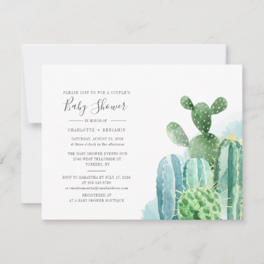Invitation Cactus Couples Baby shower Aquarelle Script (Devant)