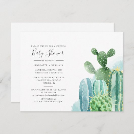 Invitation Cactus Couples Baby shower Aquarelle Script (Devant / Derrière)
