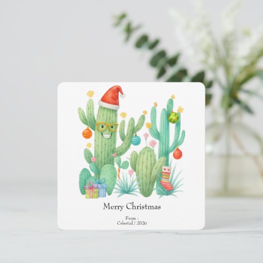 Invitation Cactus de Noël Festif avec chapeau et ornement (Debout devant)