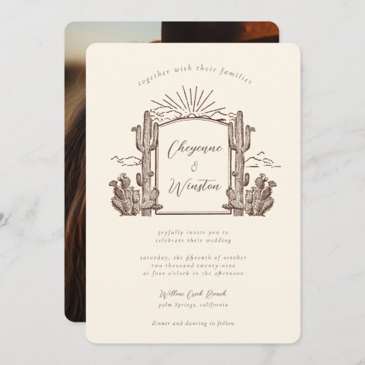 Invitation Cactus du désert Mariage de monogramme occidental (Devant / Derrière)