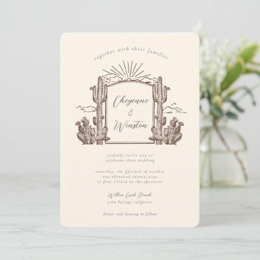 Invitation Cactus du désert Mariage de monogramme occidental (Debout devant)