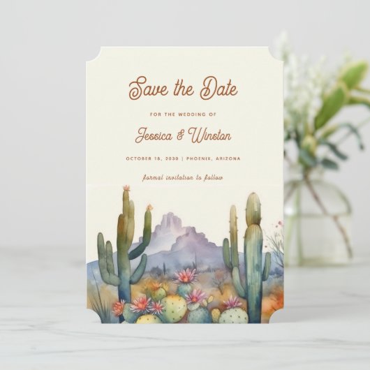 Invitation Cactus du désert moderne Photo Sauvez la date (Debout devant)