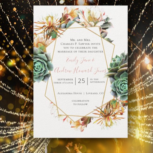 Invitation Cactus du désert Succulent Or Géométrique