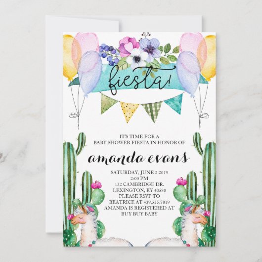 Invitation Cactus et Llama Baby shower Fiesta (Devant)
