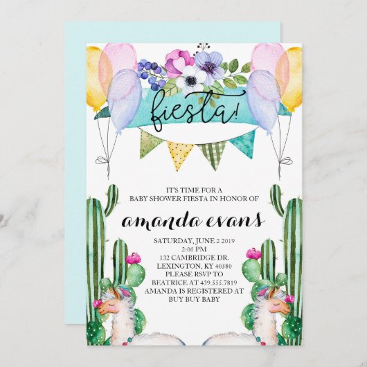 Invitation Cactus et Llama Baby shower Fiesta (Devant / Derrière)