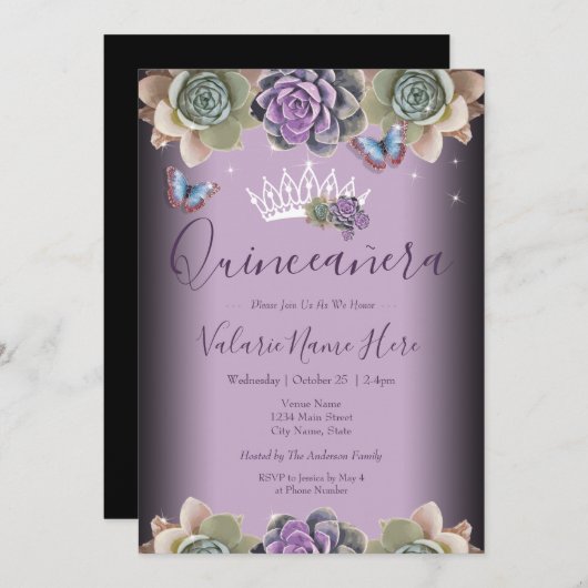 Invitation Cactus et papillon Elegant Quinceanera Invitatiati (Devant / Derrière)