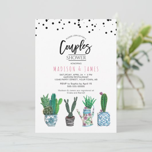 Invitation Cactus et points verts modernes | Douche Couples (Debout devant)