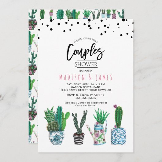Invitation Cactus et points verts modernes | Douche Couples (Devant / Derrière)