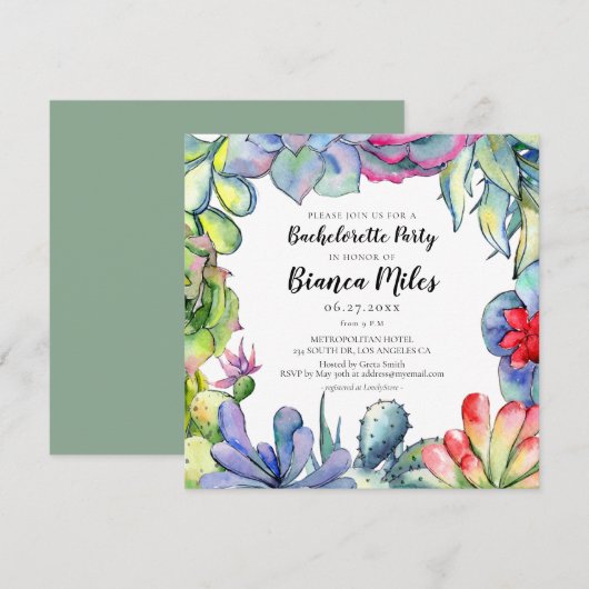 Invitation Cactus et succulents aquarelle Bachelorette Party (Devant / Derrière)