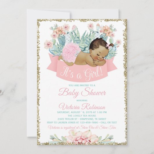 Invitation Cactus Ethnic Girl Fiesta Baby shower (Devant)
