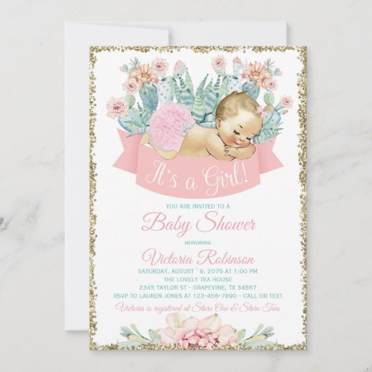 Invitation Cactus Fiesta Blonde Girl Baby shower (Devant)