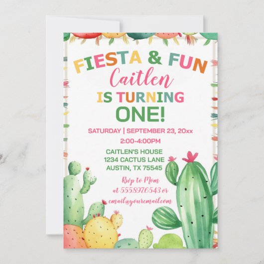 Invitation Cactus Fiesta premier anniversaire fille colorée (Devant)