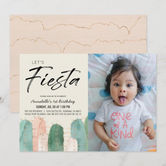 Invitation Cactus Fiesta rose Photo 1er anniversaire Invitati (Devant / Derrière)