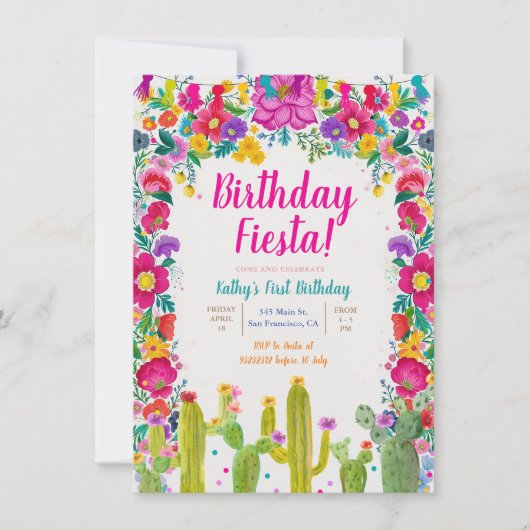 Invitation Cactus Fleur mexicaine 1er anniversaire Fiesta (Devant)