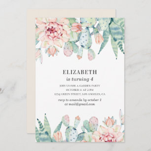 Invitation Cactus floral aquarelle. Bébé fille. Anniversaire 