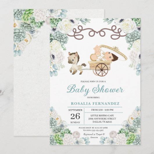 Invitation Cactus Floral Mexicain Baby Boy Charro Baby shower (Devant / Derrière)