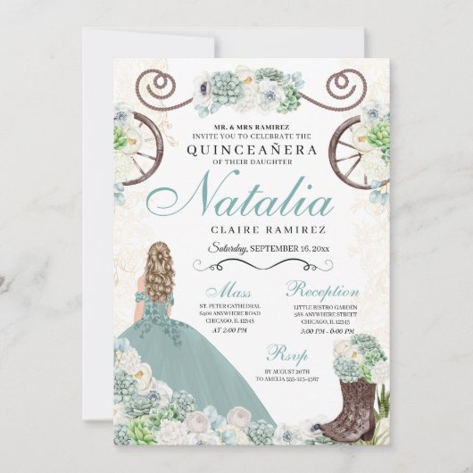 Invitation Cactus Floral Mint Green Western Charra Quinceaner (Devant)