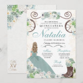 Invitation Cactus Floral Mint Green Western Charra Quinceaner (Devant / Derrière)