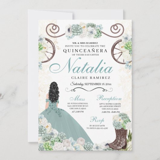 Invitation Cactus Floral Mint Green Western Charra Quinceaner (Devant)