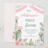 Invitation Cactus floral rose vert premier fête 1er anniversa (Devant / Derrière)