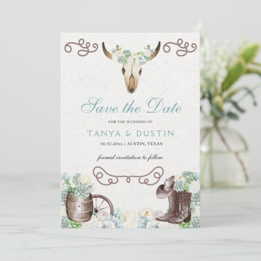 Invitation Cactus Floral Western Rustic Skull Enregistrer La  (Debout devant)