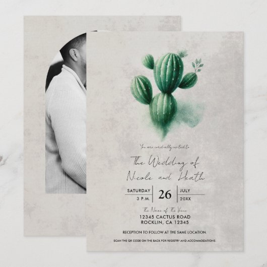 Invitation Cactus Gris Vert Aquarelle Mariage Sud-Ouest (Devant / Derrière)
