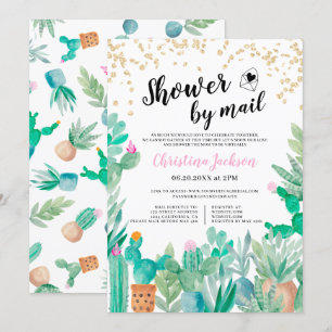 Invitation Cactus parties scintillant or aquarelle douche par