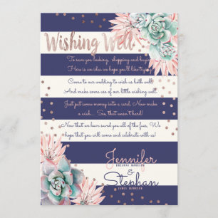 Invitation Cactus Rose Clair Rayures Bleu Marine Puits de Vœu