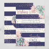 Invitation Cactus Rose Clair Rayures Navy Rose Gold Vœu de bo (Devant / Derrière)