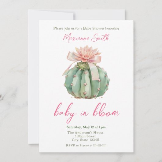 Invitation Cactus Ruban rose Bébé fille Douche (Devant)