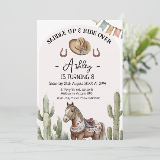 Invitation Cactus Rustique moderne Saddup Cheval Anniversaire (Debout devant)