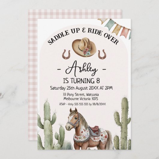 Invitation Cactus Rustique moderne Saddup Cheval Anniversaire (Devant / Derrière)