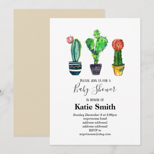 Invitation cactus, succulent, aquarelle, fiesta, baby shower (Devant / Derrière)