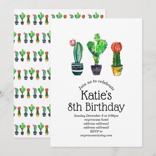 Invitation cactus, succulent, aquarelle, fiesta, mexicaine, (Devant / Derrière)