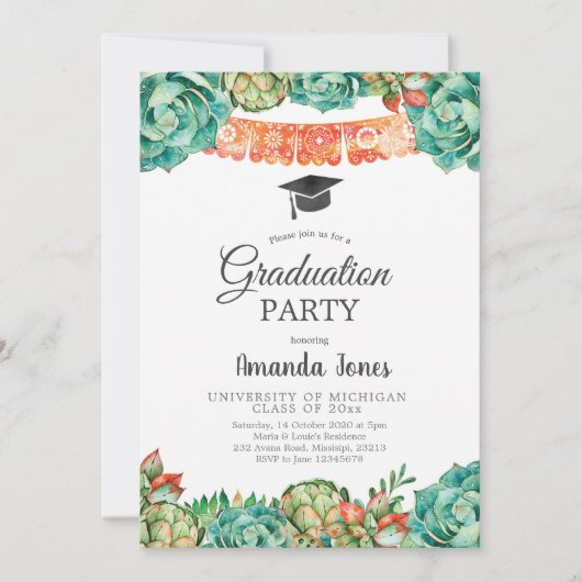 Invitation Cactus Succulent Graduation Party (Devant)