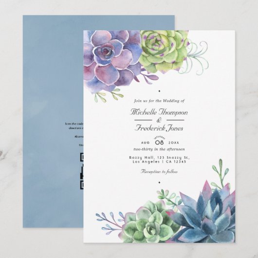 Invitation Cactus succulents code QR mariage aquarelle (Devant / Derrière)