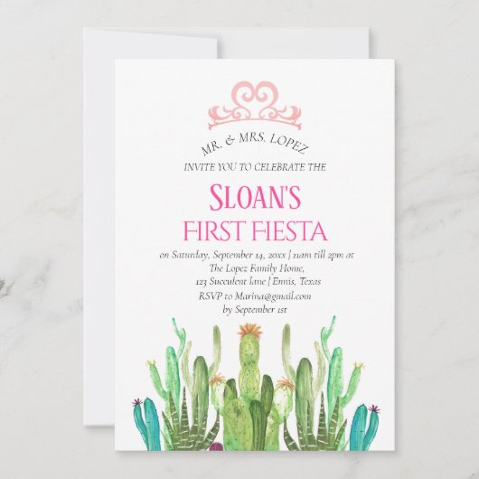 Invitation Cactus Tiara Première Fiesta Rose Anniversaire mod (Devant)