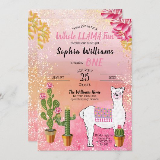 Invitation Cactus | Toute Llama Fun Girl 1er Anniversaire fêt (Devant / Derrière)