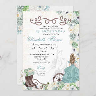 Invitation Cactus vert menthe Western Charro Horse Quinceañer