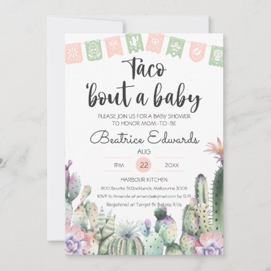 Invitation Cactus vert rose Taco Bout Un Baby shower RSVP (Devant)