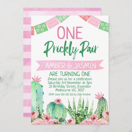 Invitation Cactus vert rose Un Prickly Pair Anniversaire (Devant / Derrière)