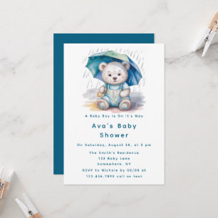 Invitation Cadeau bébé garçon ours en peluche avec parapluie